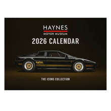 Load image into Gallery viewer, Haynes Motor Museum 2026 calendar with a black car illustration on a dark background
