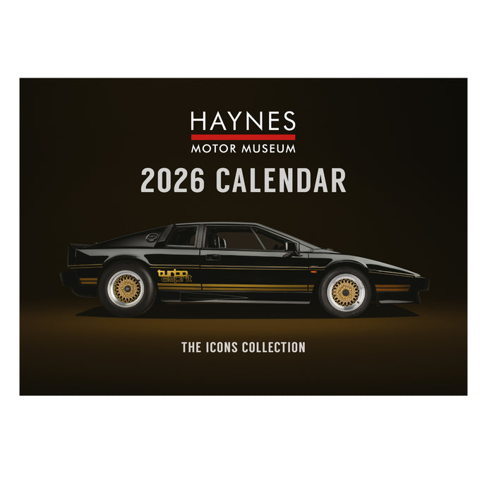 Haynes Motor Museum 2026 calendar with a black car illustration on a dark background