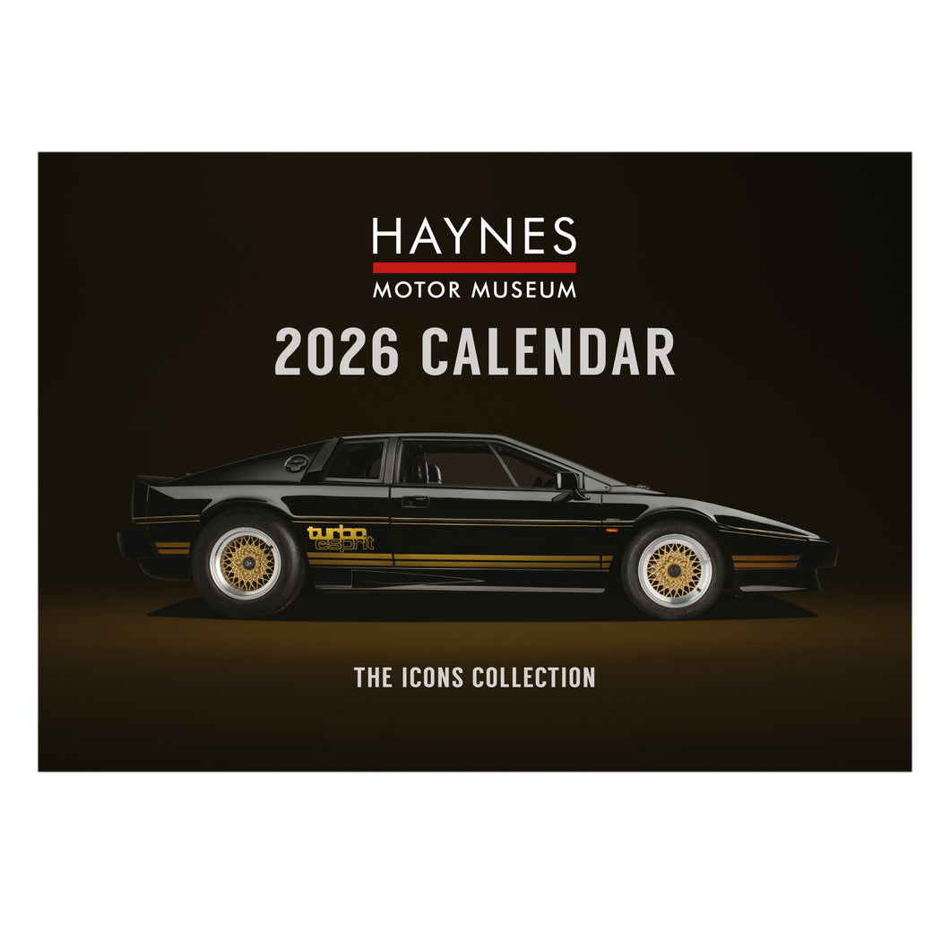 Haynes Motor Museum 2026 calendar with a black car illustration on a dark background