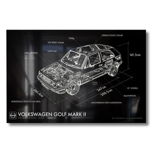 Volkswagen Golf Mark 2 Aluminium Blueprint Wall Art
